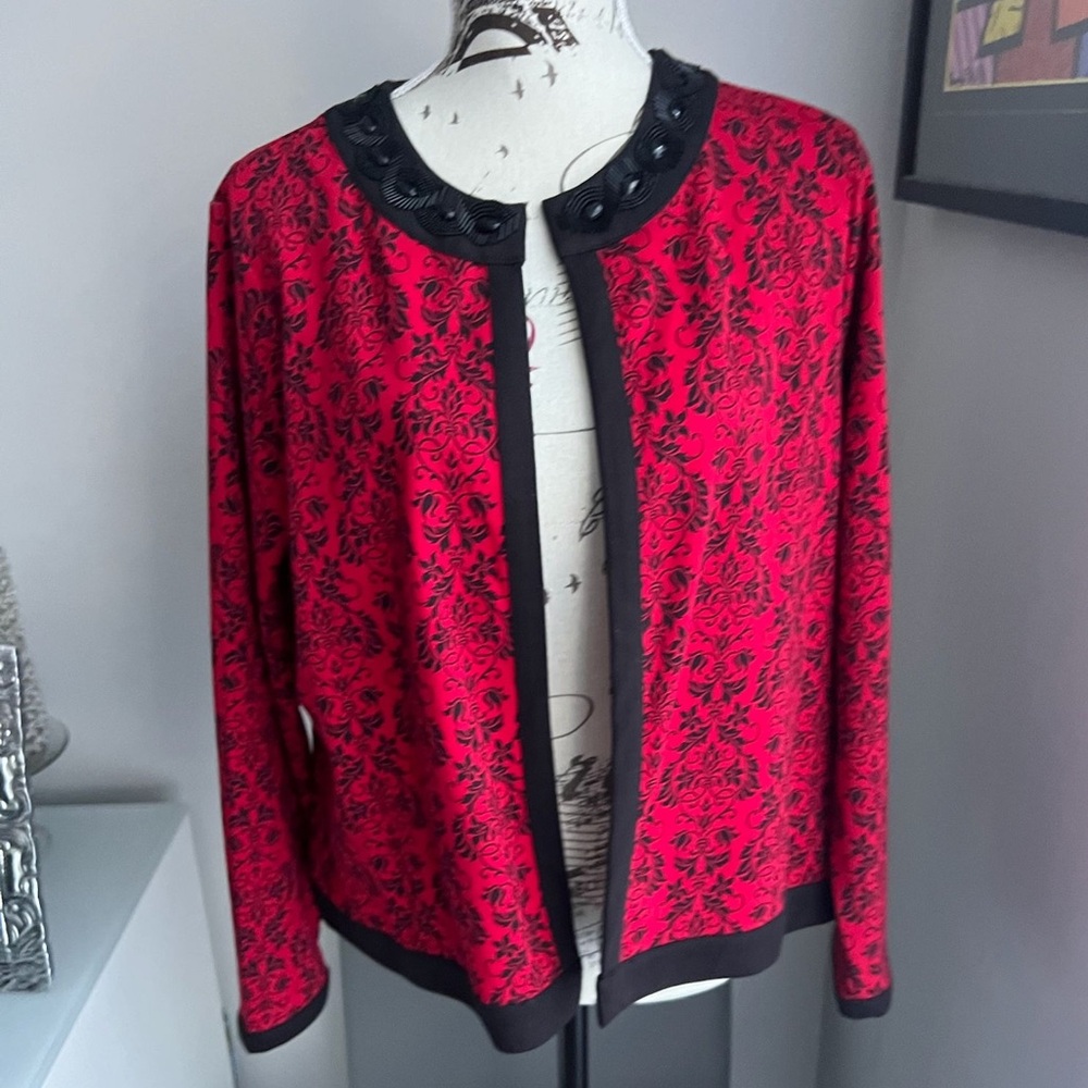 Covington Open Front Cardigan With Elegant Beaded Neckline Black Red Size XL